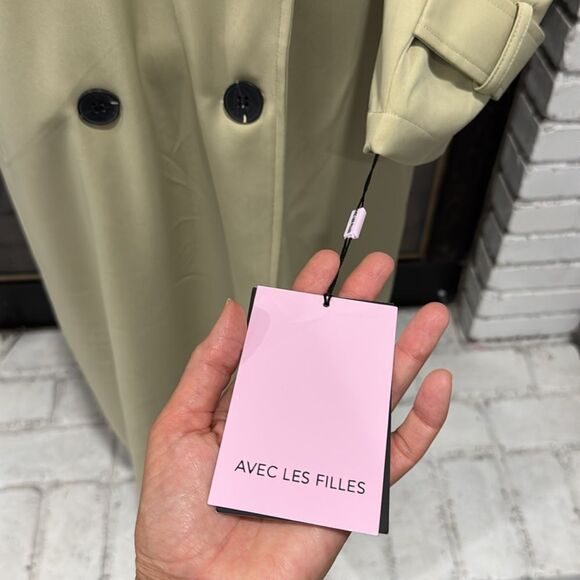 AVEC LES FILLES Women Trench Coat Long Maxi Khaki Tan Green Large Belted - Picture 16 of 16